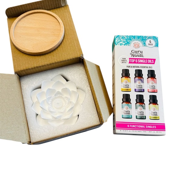 guru nanda Other - GuruNanda Essential Oil Set with White Lotus Ceramic Diffuser